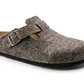 Brown felt clog shoe with a buckle on a white background