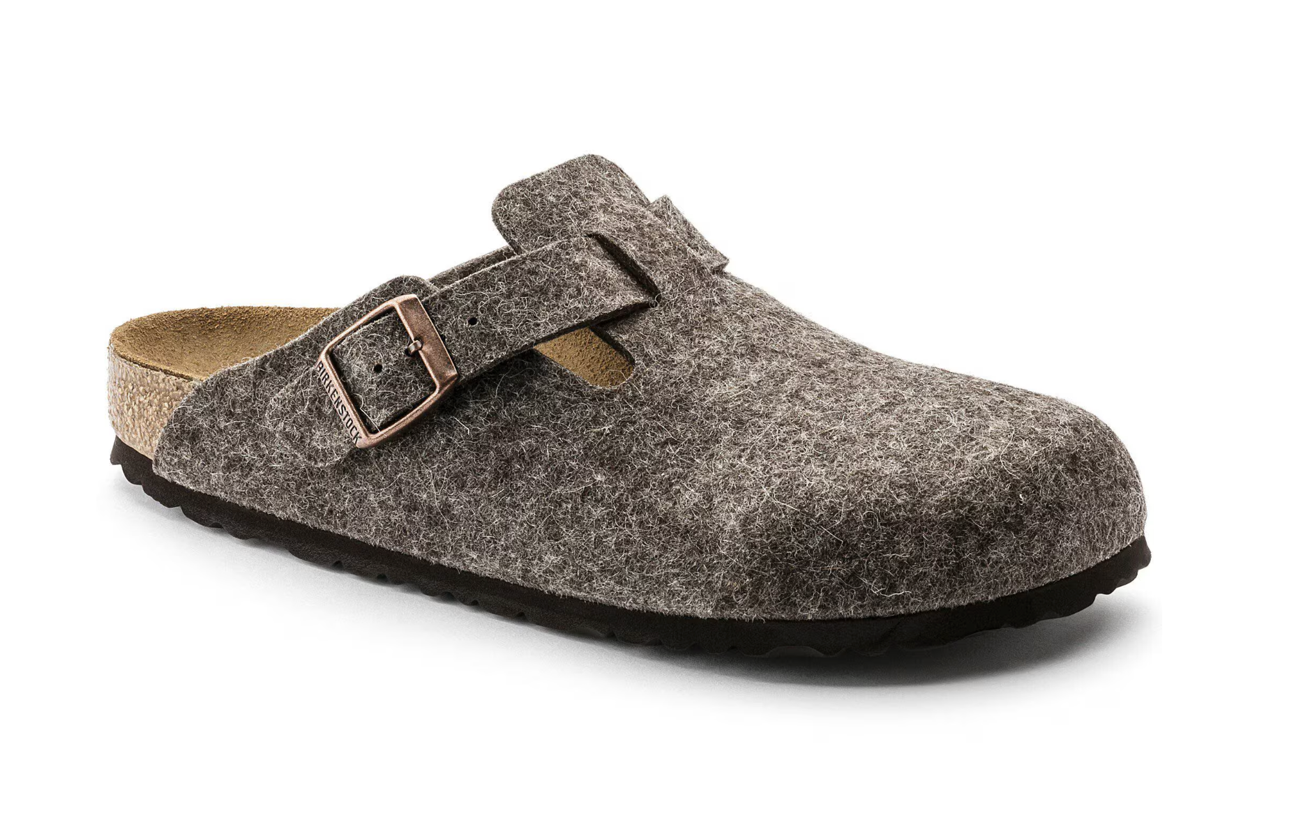 Brown felt clog shoe with a buckle on a white background