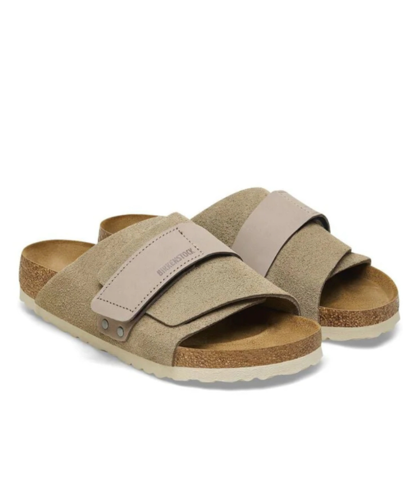 the Kyoto slide offers effortless comfort with a suede upper, nubuck leather straps, and an adjustable hook-and-loop closure for a perfect fit. 