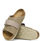 the Kyoto slide offers effortless comfort with a suede upper, nubuck leather straps, and an adjustable hook-and-loop closure for a perfect fit. 