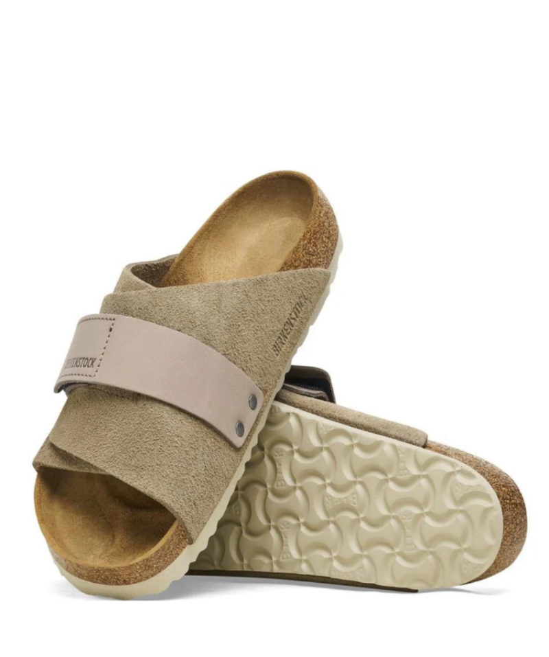 the Kyoto slide offers effortless comfort with a suede upper, nubuck leather straps, and an adjustable hook-and-loop closure for a perfect fit. 
