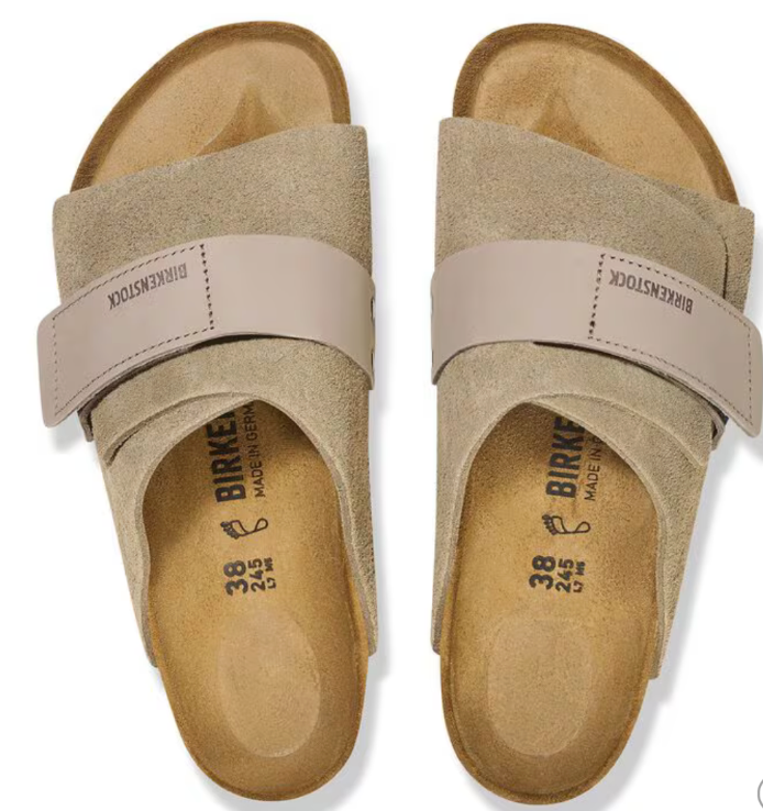 the Kyoto slide offers effortless comfort with a suede upper, nubuck leather straps, and an adjustable hook-and-loop closure for a perfect fit. 