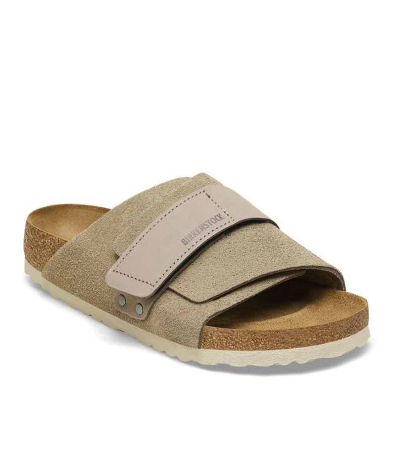 the Kyoto slide offers effortless comfort with a suede upper, nubuck leather straps, and an adjustable hook-and-loop closure for a perfect fit. 