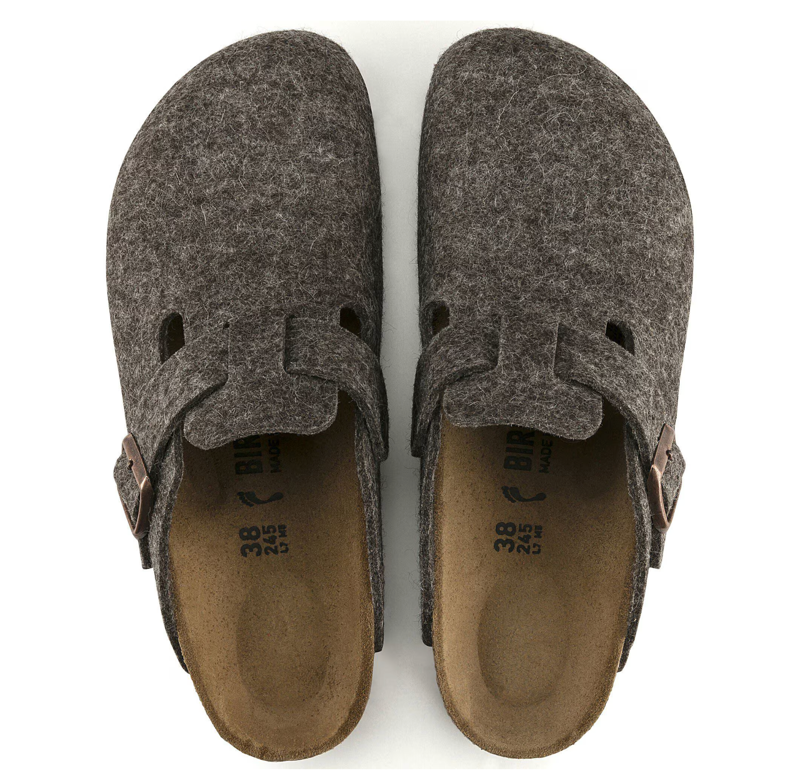 Pair of gray felt clogs with a strap on a white background