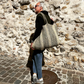 Gabriele Frantzen weekender striped bag, stone and light grey raffia bag