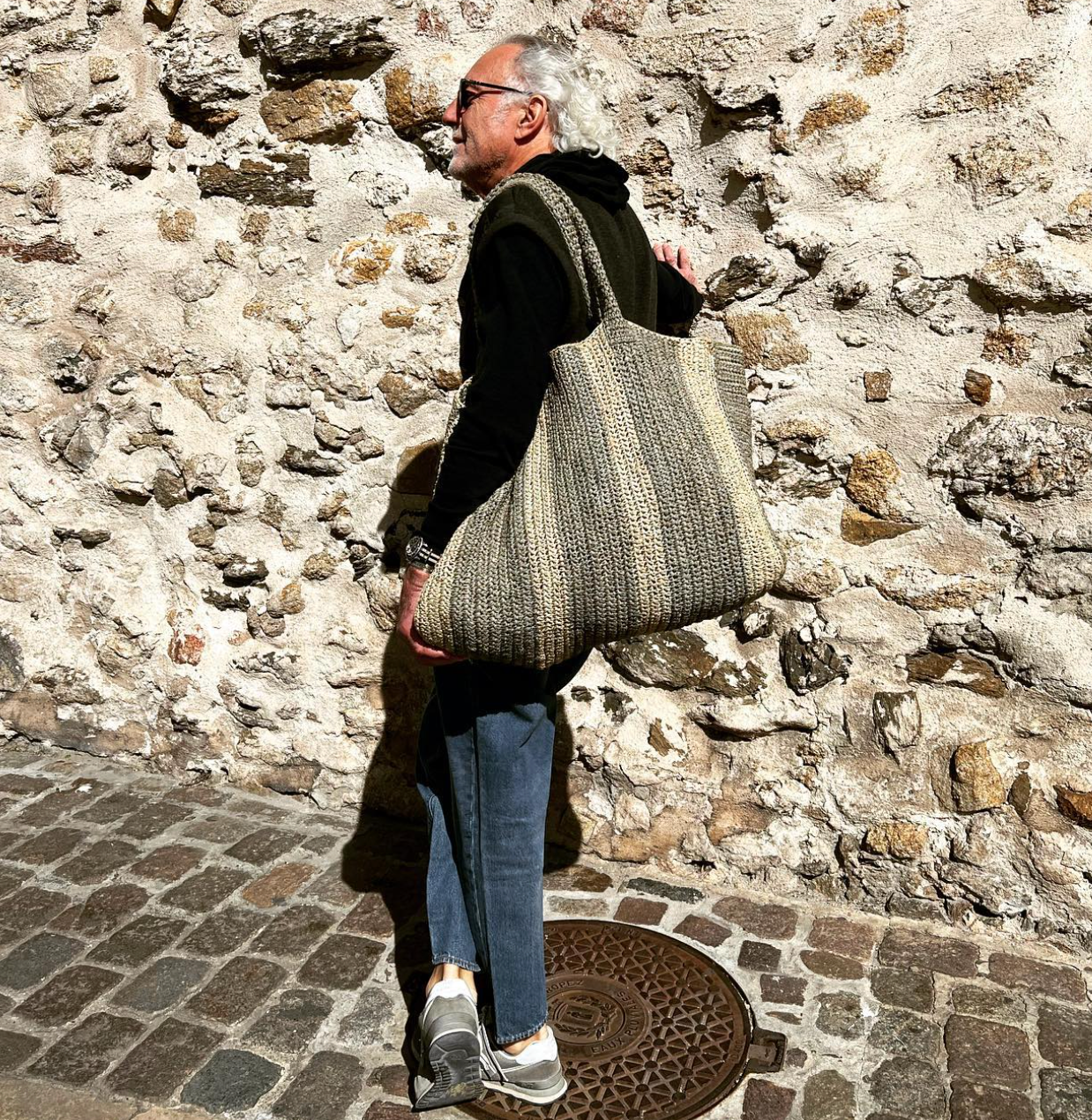 Gabriele Frantzen weekender striped bag, stone and light grey raffia bag