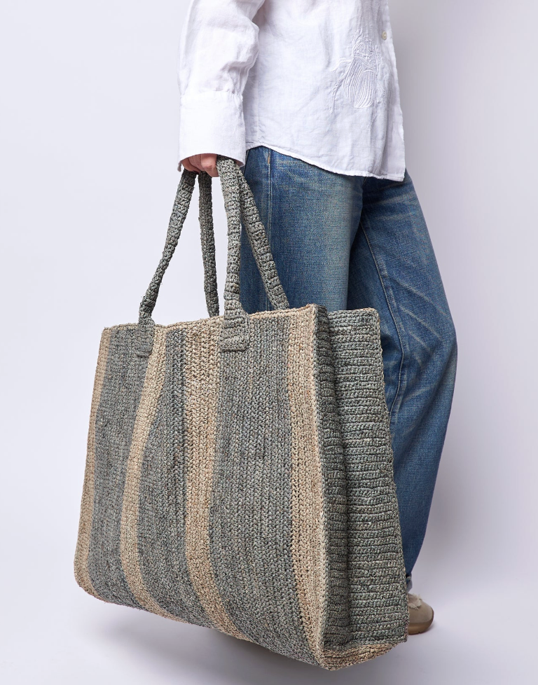 Gabriele Frantzen weekender striped bag, stone and light grey raffia bag 