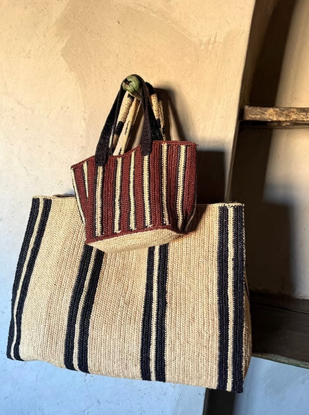 Gabriele Frantzen weekender striped bag, black and beige raffia bag