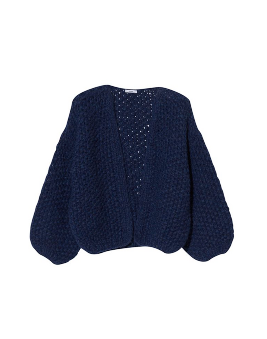 chunky alpaca pattern bomber cardigan - denim