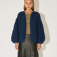 chunky alpaca pattern bomber cardigan - denim
