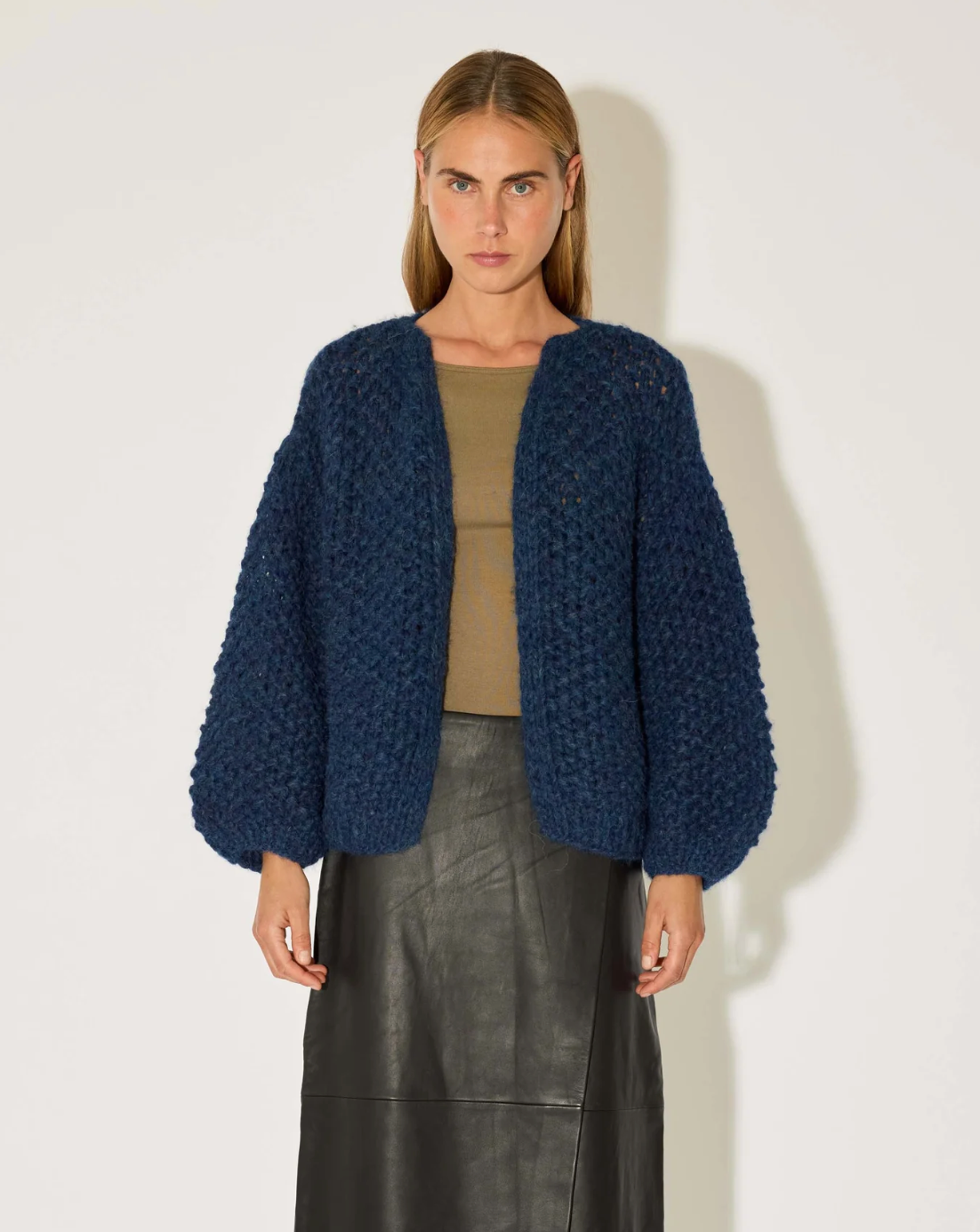 chunky alpaca pattern bomber cardigan - denim