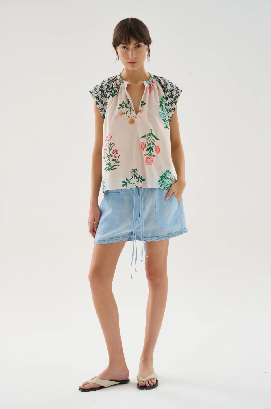 The Keyla Top is crafted from lightweight cotton voile. Soft gathers along the neckline create a subtle drape, while the open V-front detail adds a touch of relaxed elegance. 

100% Cotton Voile. 


Hand wash with cool water. Do not bleach. Soft Iron. Do not twist. Dry flat in the shade.