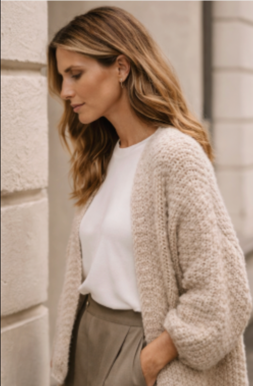 Woman wearing a beige cardigan over a white shirt and khaki pants against a light-colored wall.