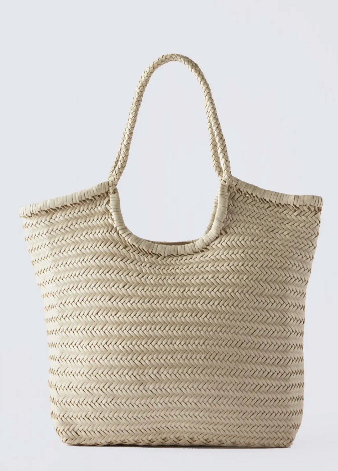 Beige woven tote bag on a light gray background