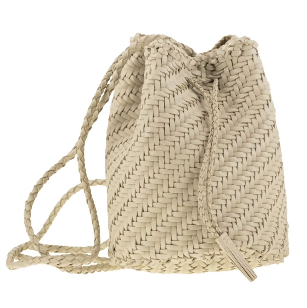 Woven beige bucket bag with drawstring on a white background