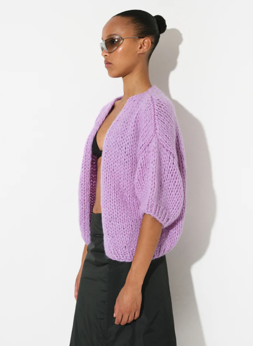 maiami is renown for its hand-knitted luxury knitwear, blending traditional craftsmanship with modern design. This bomber cardigan is made from cotton and alpaca. It is a nice weight from spring, into summer. 