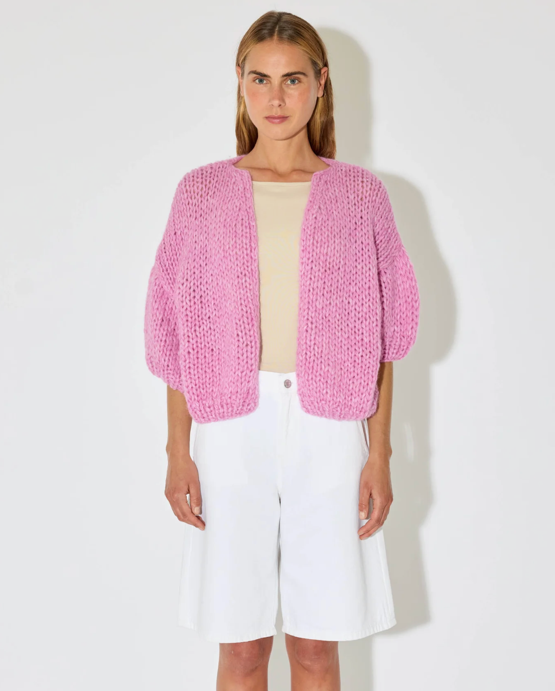 maiami alpaca bomber pink cardigan, short sleeves