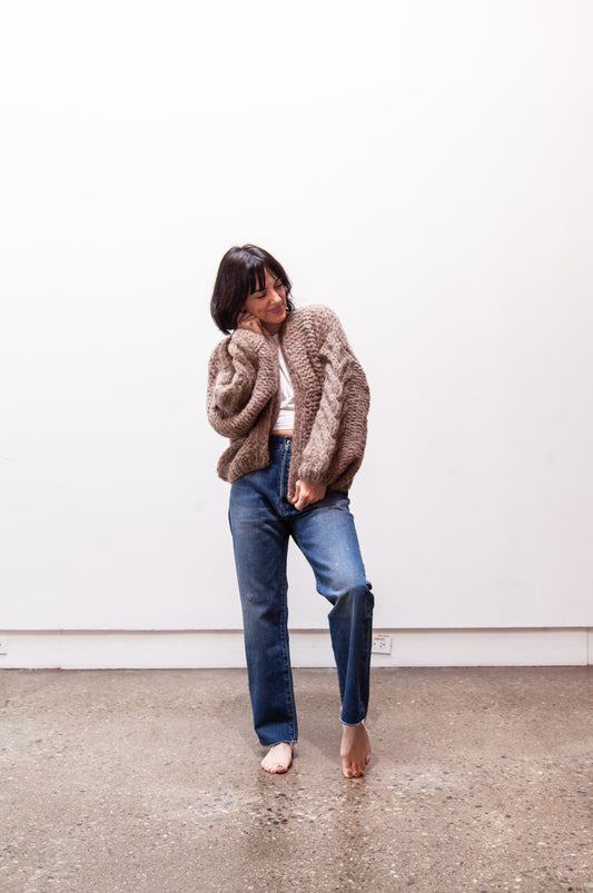 fleecy alpaca cable bomber cardigan