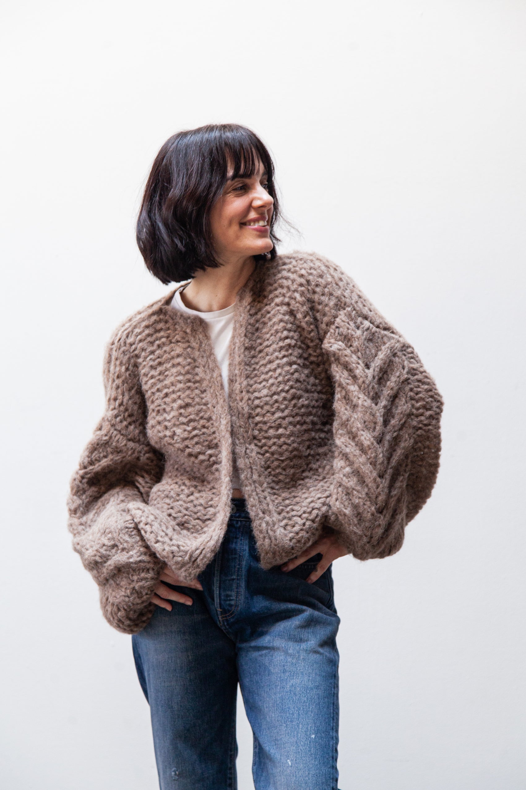 fleecy alpaca cable bomber cardigan