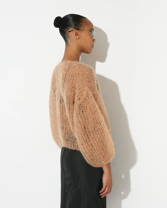 You will love this cardigan shape as much as we do – the bomber! Here in a light mohair version for spring, ready for summer. Hand knitted with love. Light mohair. Spring cardigan