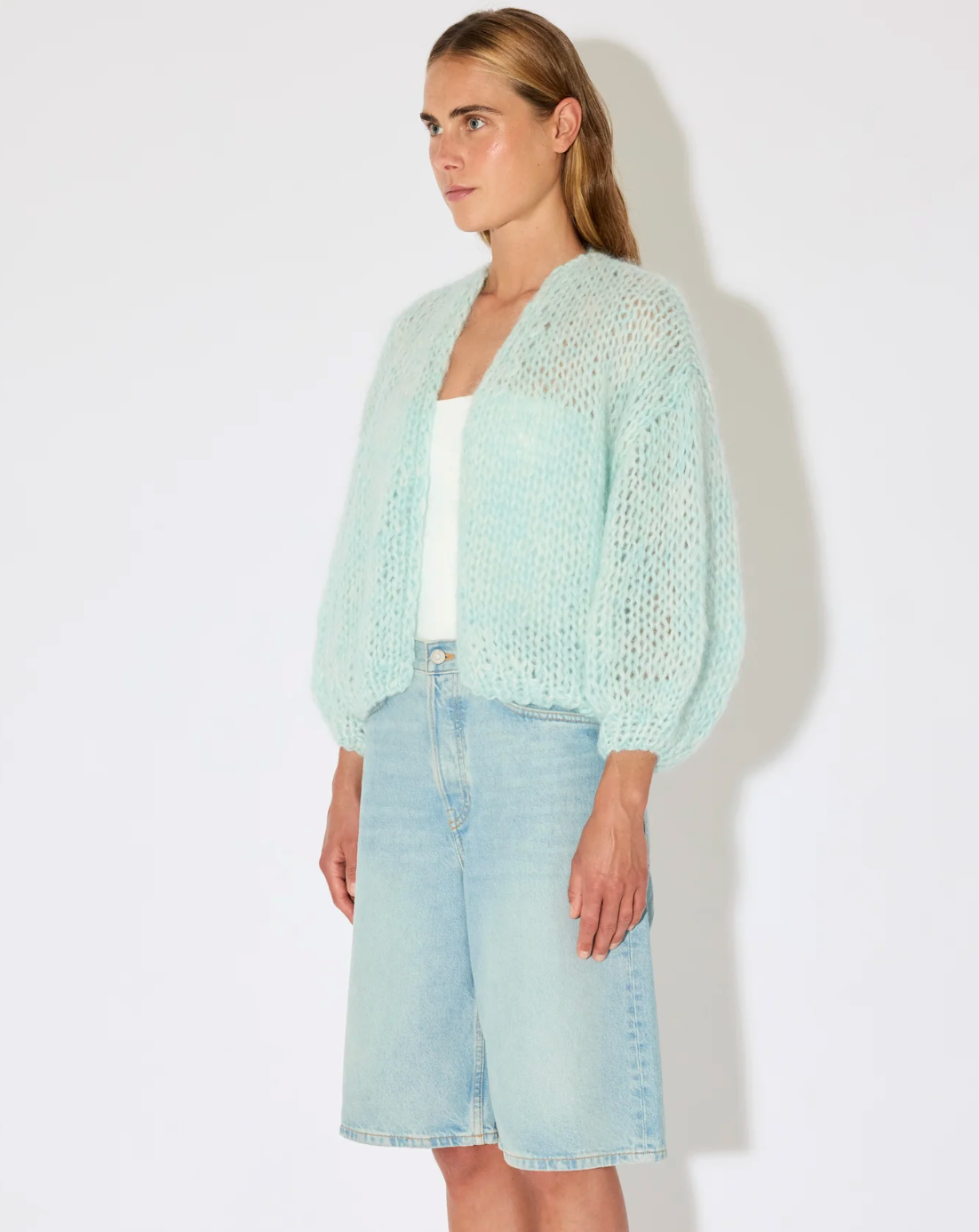 light blue cardigan sweater made from mohair