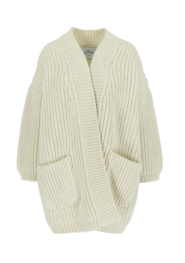 Beige ribbed cardigan with pockets on a white background