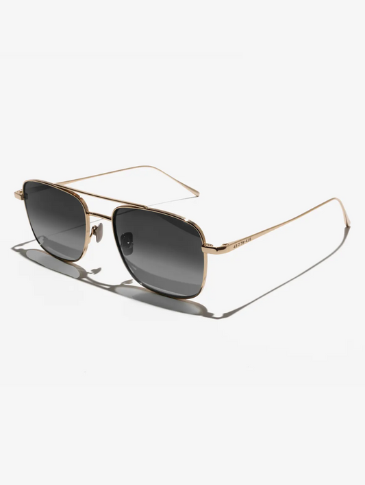 The Danger Zone 2.0 frame in Gold.

Handcrafted Frames- Gold stainless steel frame- 3 barrel stainless steel hinges

Lenses- 70's inspired gradient lenses- UV400 treated to protect your eyes from all harmful UVA and UVB light - Anti reflective coatings applied to the backside of the lens - Anti scratch coatings

Size: 54-18-150

Waid exceeds all safety requirements for FDA and CE standards.

Lens Colour: Grey